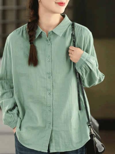 Women Autumn Artsy Pure Color 100%Cotton Shirt