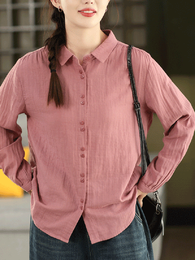 Women Autumn Artsy Pure Color 100%Cotton Shirt