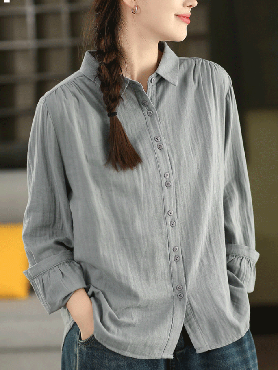 Women Autumn Artsy Pure Color 100%Cotton Shirt