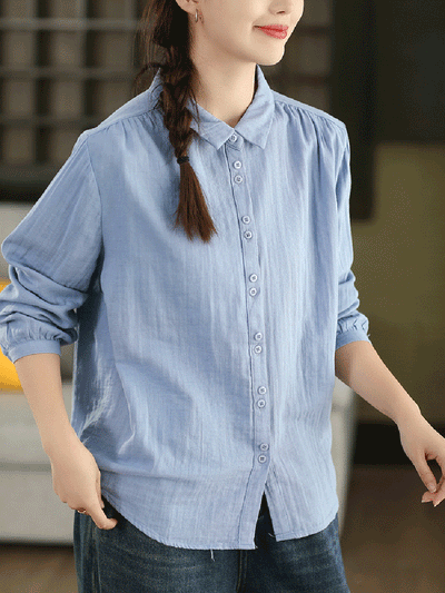 Women Autumn Artsy Pure Color 100%Cotton Shirt