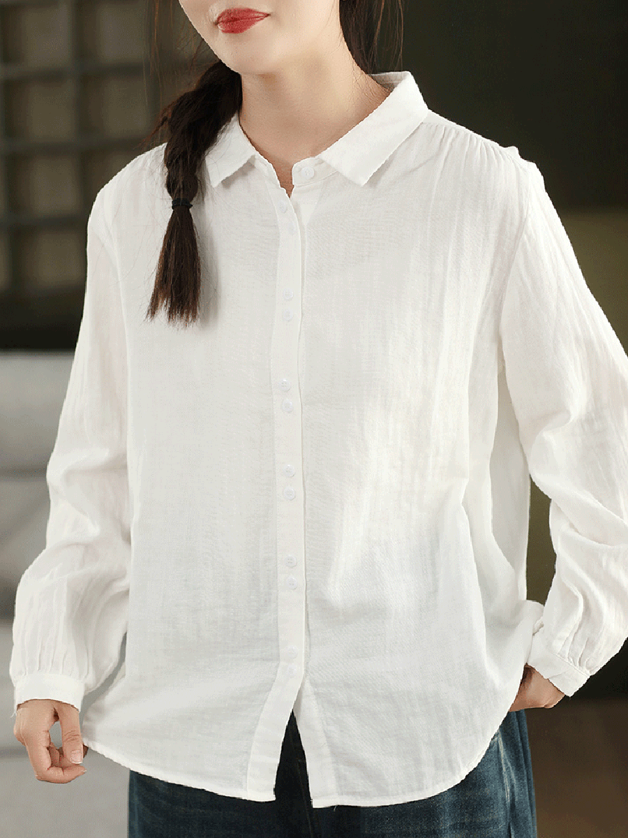 Women Autumn Artsy Pure Color 100%Cotton Shirt