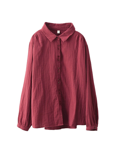Women Autumn Artsy Pure Color 100%Cotton Shirt