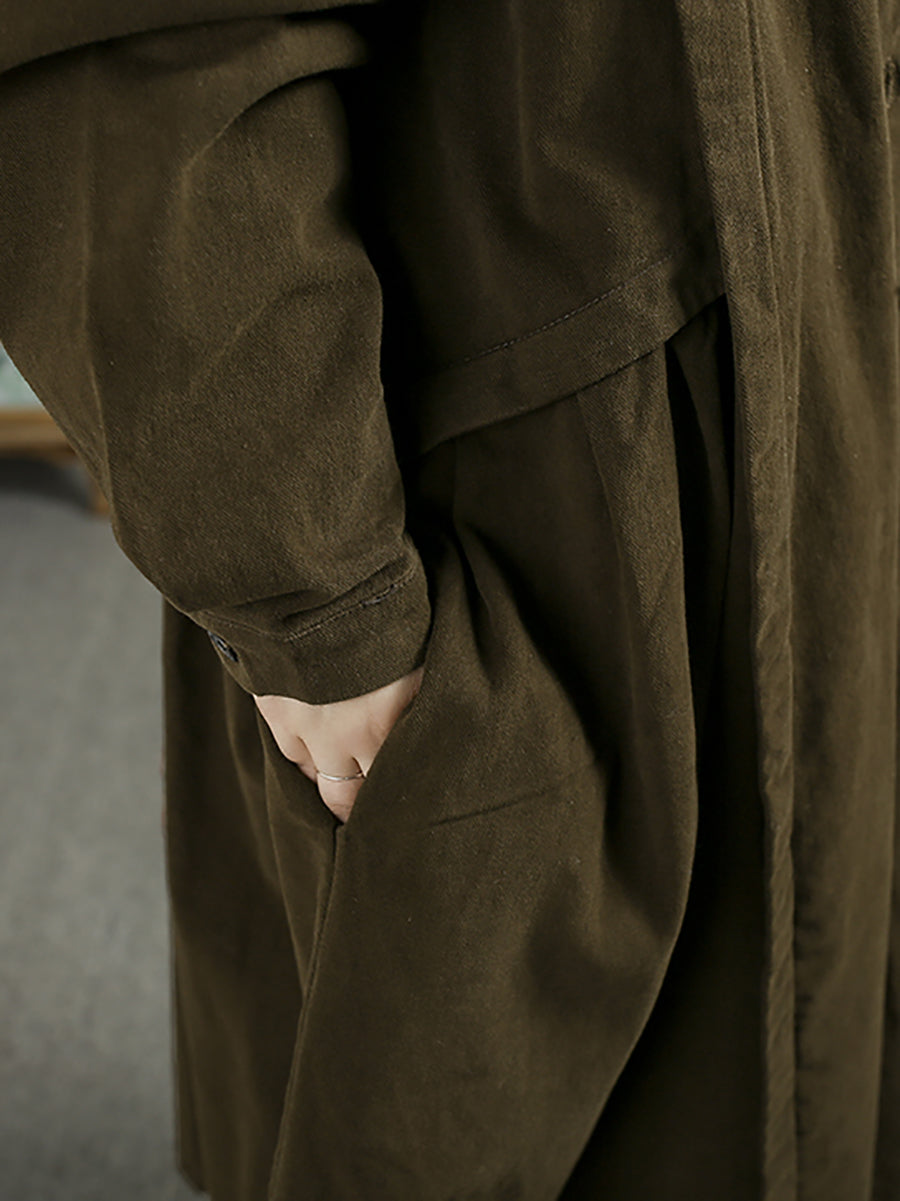 Women Retro Autumn Pure Color Stand Collar Trench Coat