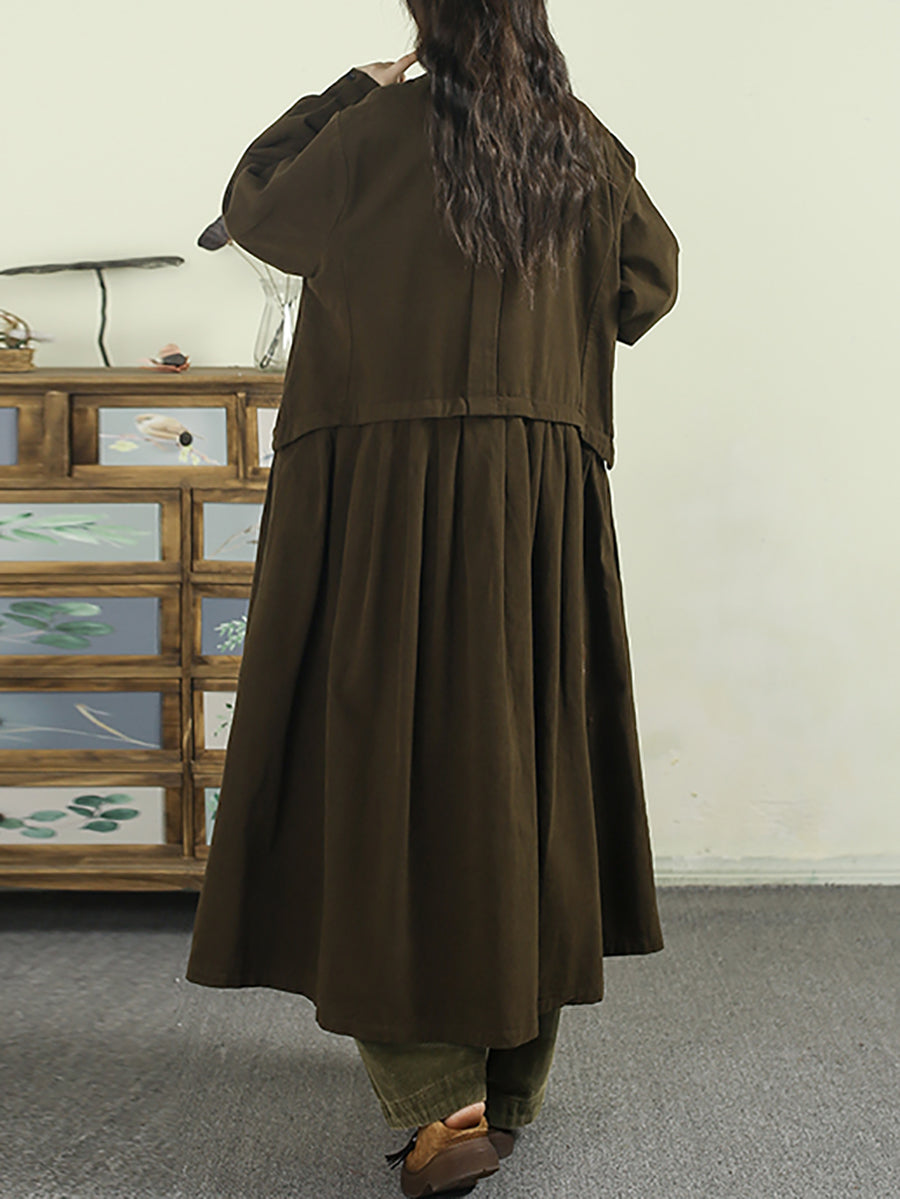 Women Retro Autumn Pure Color Stand Collar Trench Coat