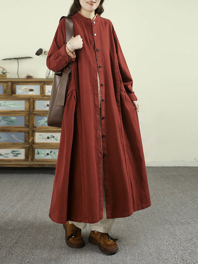 Women Retro Autumn Pure Color Stand Collar Trench Coat