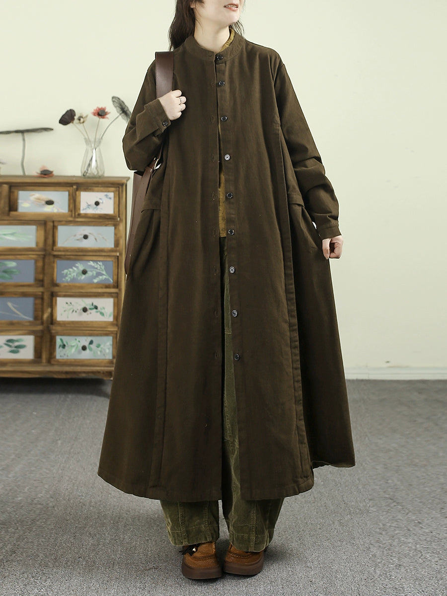 Women Retro Autumn Pure Color Stand Collar Trench Coat