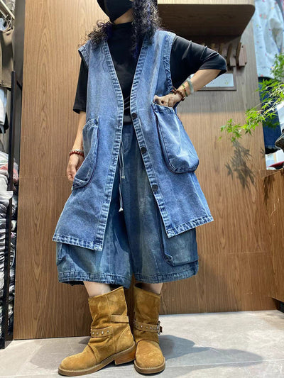 Women Autumn Pure Color V-Neck Denim Vest