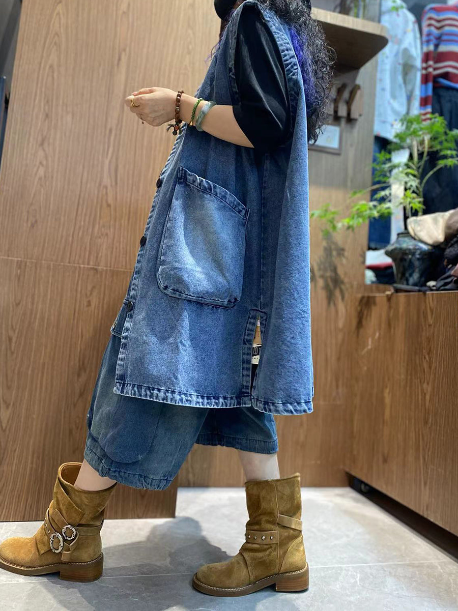 Women Autumn Pure Color V-Neck Denim Vest