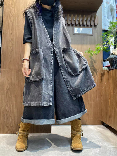 Women Autumn Pure Color V-Neck Denim Vest