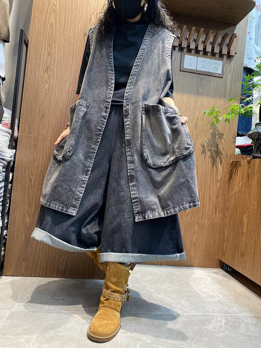 Women Autumn Pure Color V-Neck Denim Vest