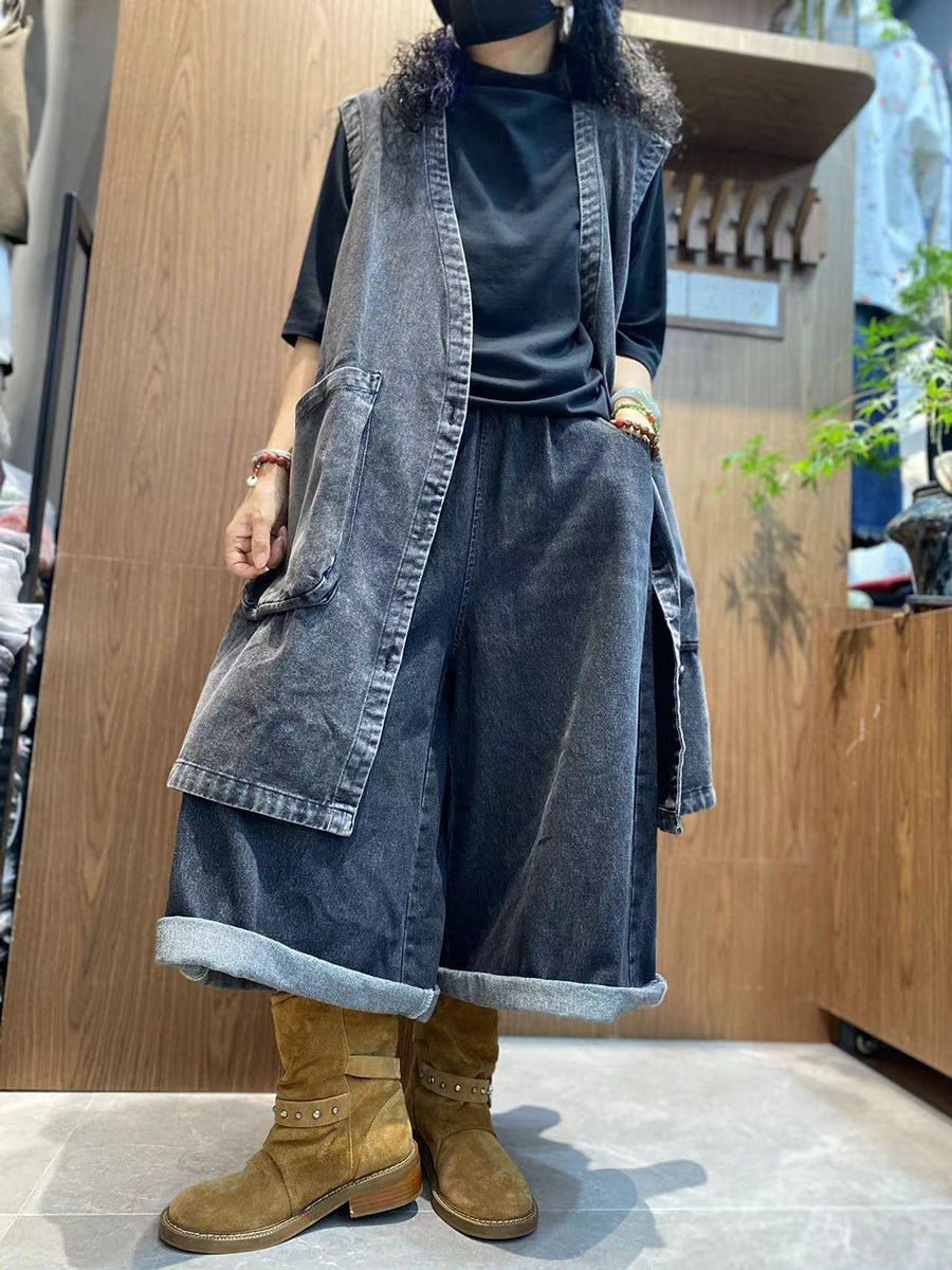 Women Autumn Pure Color V-Neck Denim Vest