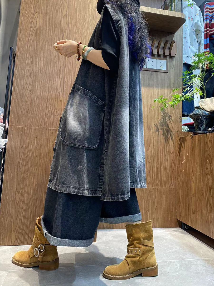 Women Autumn Pure Color V-Neck Denim Vest