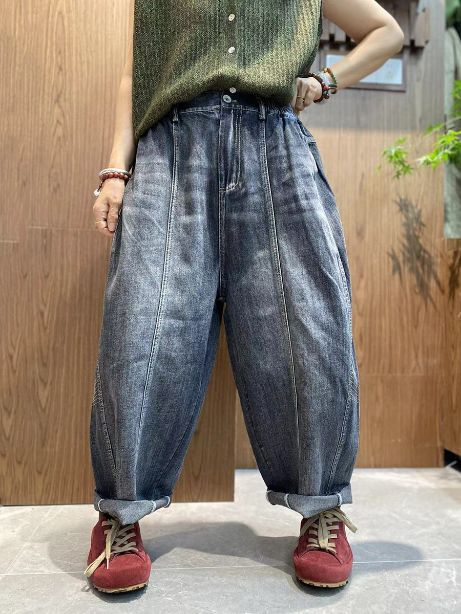 Women Autumn Retro Pure Color Denim Spliced Harem Pants