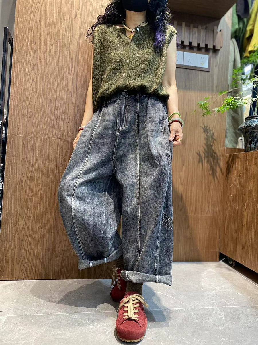 Women Autumn Retro Pure Color Denim Spliced Harem Pants