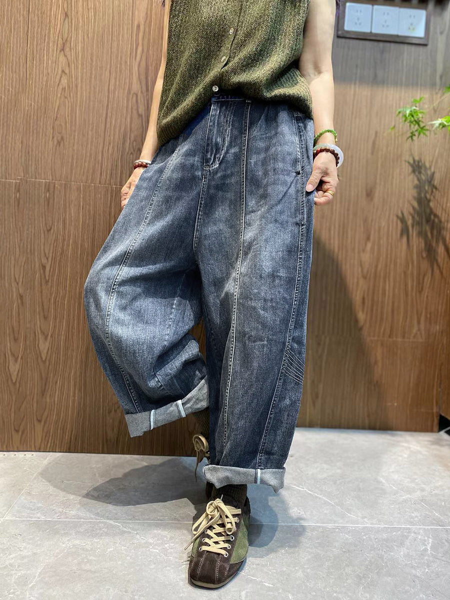 Women Autumn Retro Pure Color Denim Spliced Harem Pants