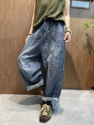 Women Autumn Retro Pure Color Denim Spliced Harem Pants