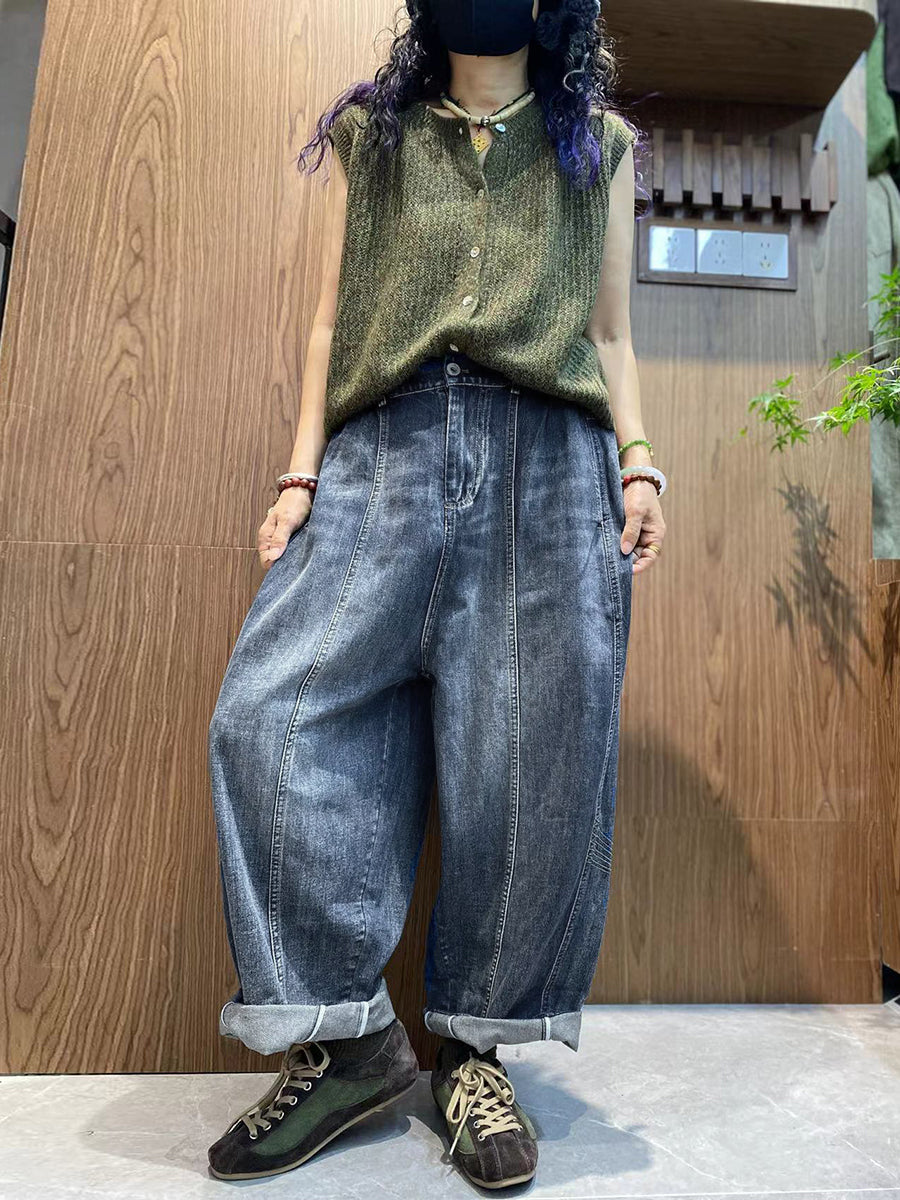 Women Autumn Retro Pure Color Denim Spliced Harem Pants