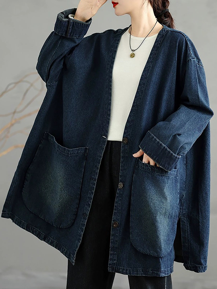Women Vintage Autumn Pure Color Denim V-Neck Coat
