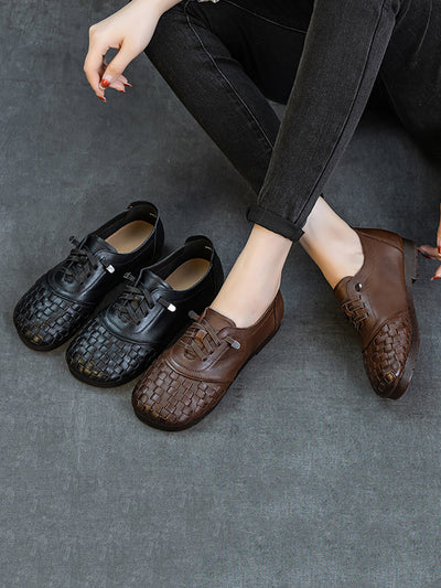 Women Vintage Leather Weave Low Heel Shoes