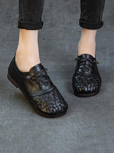 Women Vintage Leather Weave Low Heel Shoes