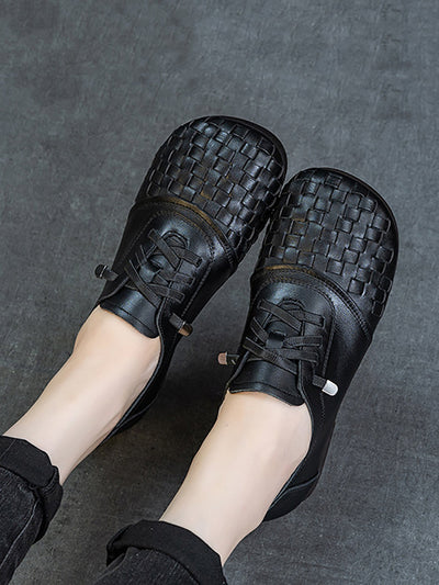 Women Vintage Leather Weave Low Heel Shoes
