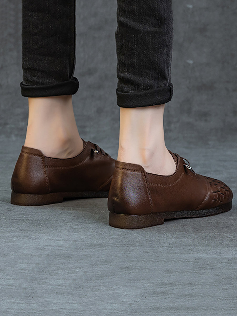 Women Vintage Leather Weave Low Heel Shoes