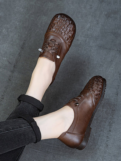 Women Vintage Leather Weave Low Heel Shoes
