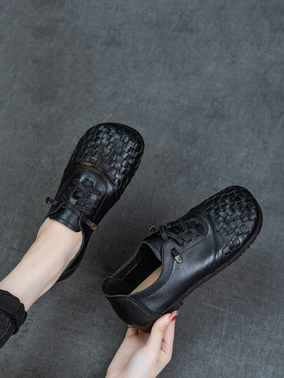 Women Vintage Leather Weave Low Heel Shoes