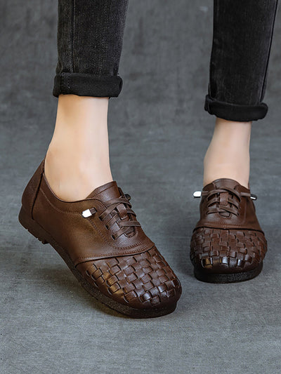 Women Vintage Leather Weave Low Heel Shoes
