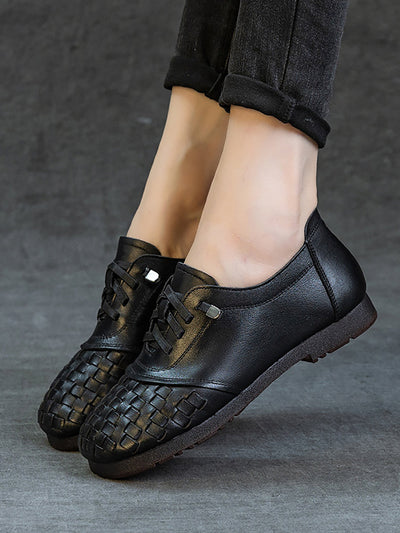 Women Vintage Leather Weave Low Heel Shoes
