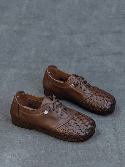 Women Vintage Leather Weave Low Heel Shoes