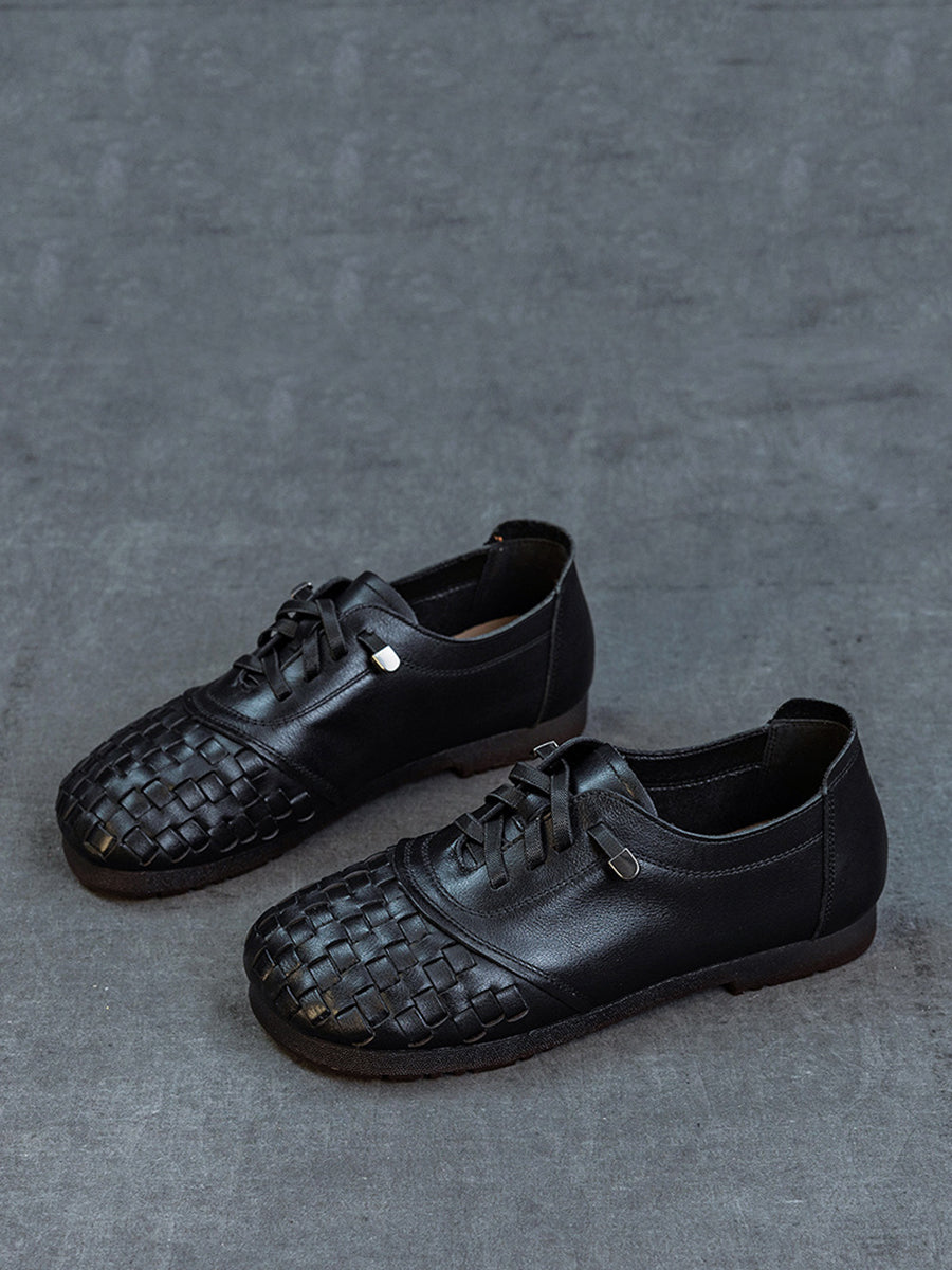 Women Vintage Leather Weave Low Heel Shoes