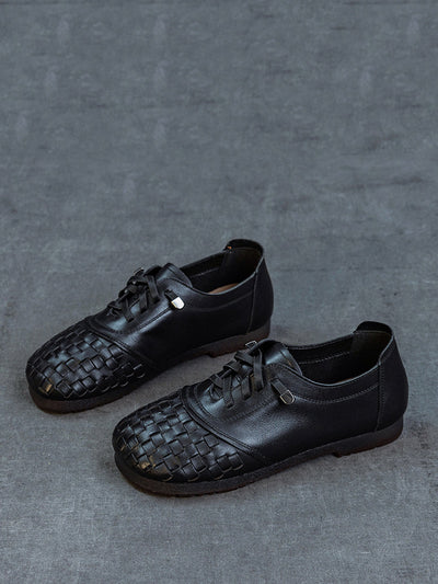 Women Vintage Leather Weave Low Heel Shoes