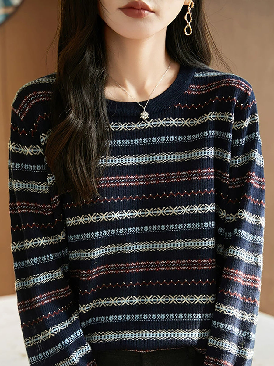 Women Autumn Casual Stripe O-Neck Knitted Sweater