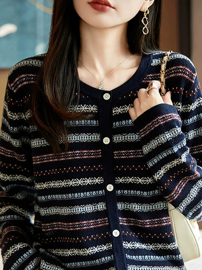 Women Autumn Casual Stripe O-Neck Knitted Sweater