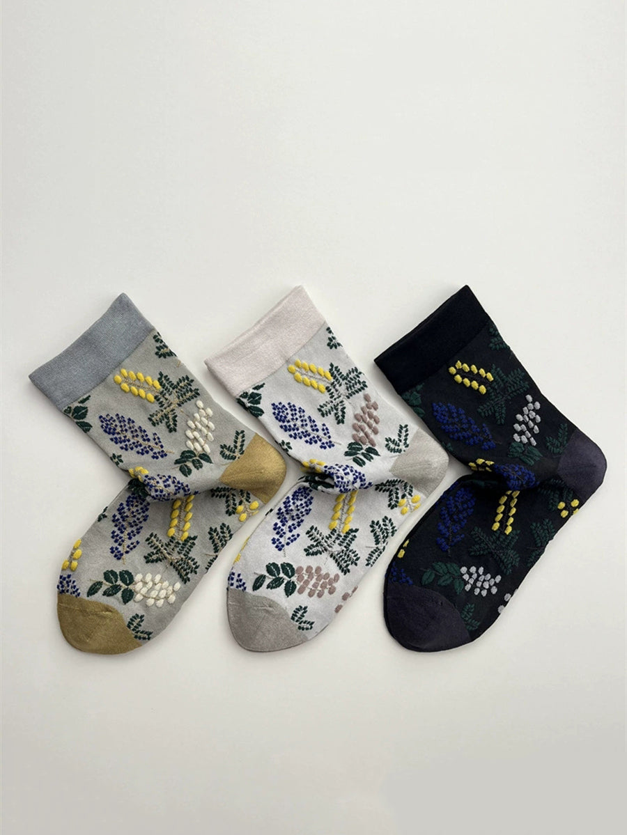 3 Pairs Women Fashion Leaf Jacquard Socks