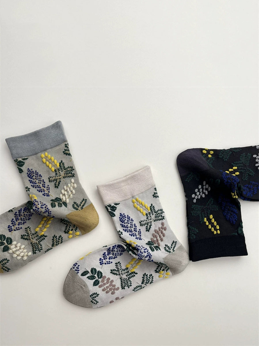 3 Pairs Women Fashion Leaf Jacquard Socks