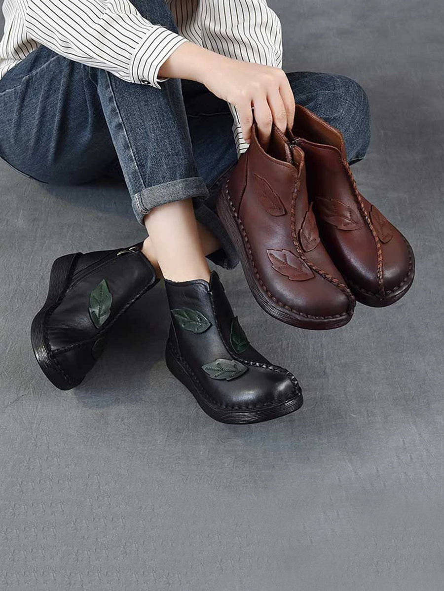 Women Winter Retro Leather Spliced Leather Ankle Boots