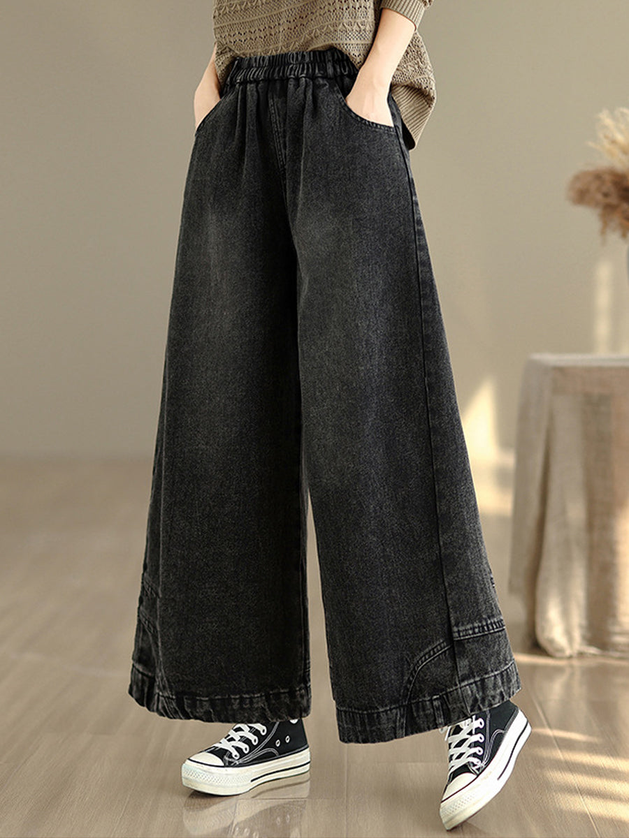 Women Autumn Retro Washed Denim Wide-leg Pants