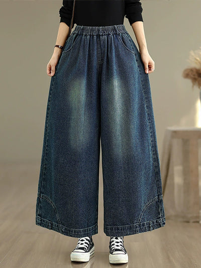 Women Autumn Retro Washed Denim Wide-leg Pants
