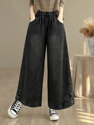 Women Autumn Retro Washed Denim Wide-leg Pants