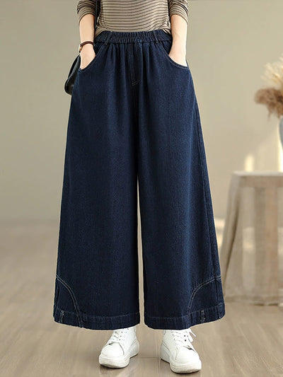 Women Autumn Retro Washed Denim Wide-leg Pants