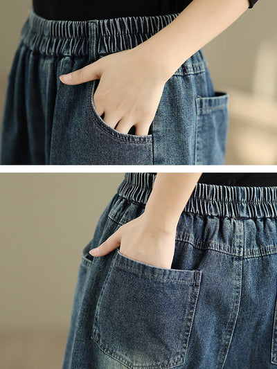 Women Autumn Retro Washed Denim Wide-leg Pants
