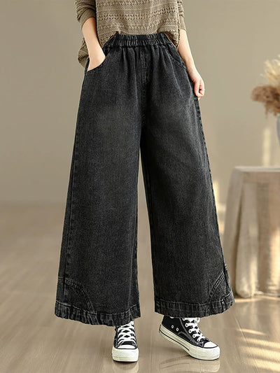 Women Autumn Retro Washed Denim Wide-leg Pants