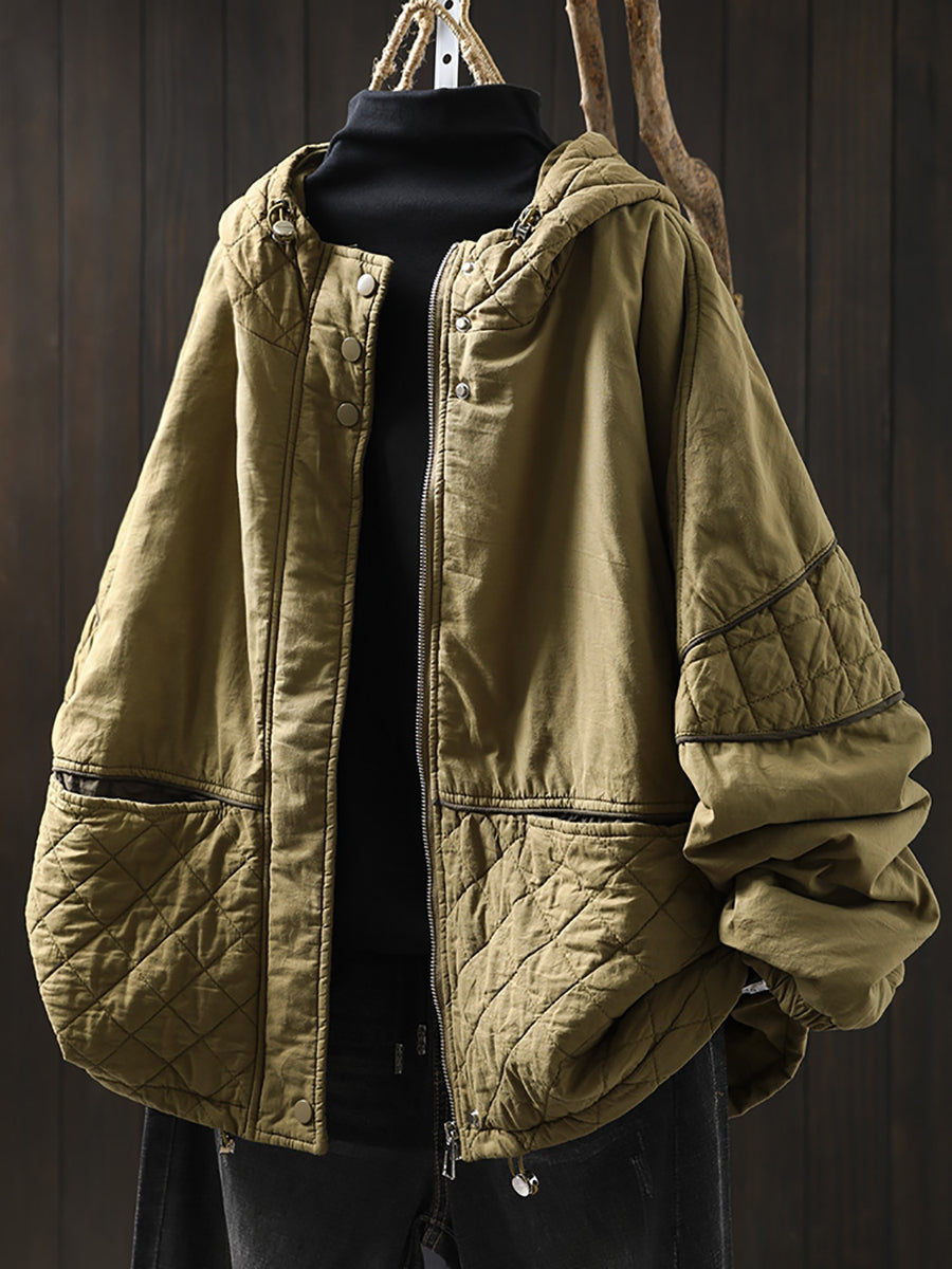 Women Autumn Vintage Pure Color Spliced Hooded Jacket