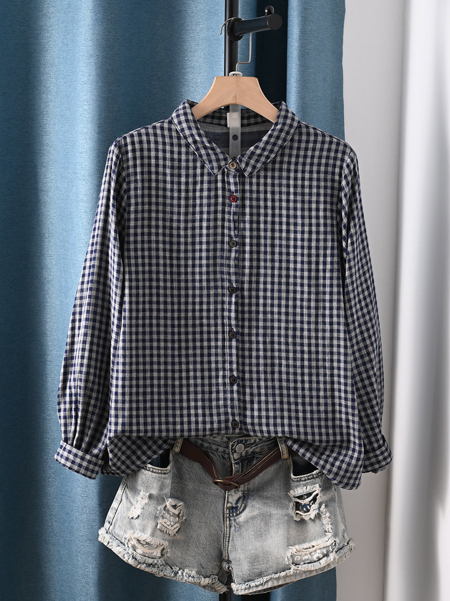 Women Autumn Plaid Turn-down Collar 100%Cotton Shirt
