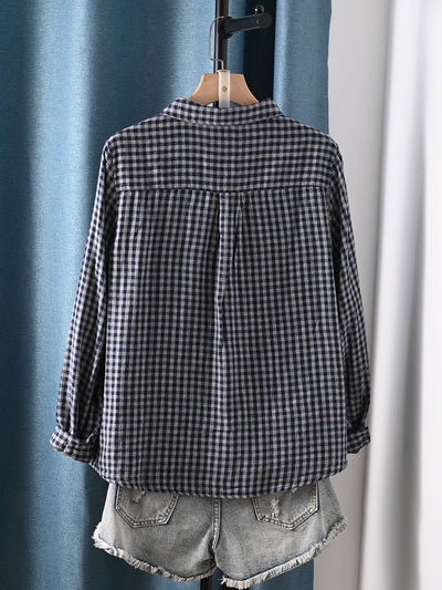 Women Autumn Plaid Turn-down Collar 100%Cotton Shirt