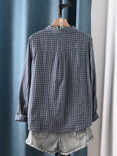 Women Autumn Plaid Turn-down Collar 100%Cotton Shirt