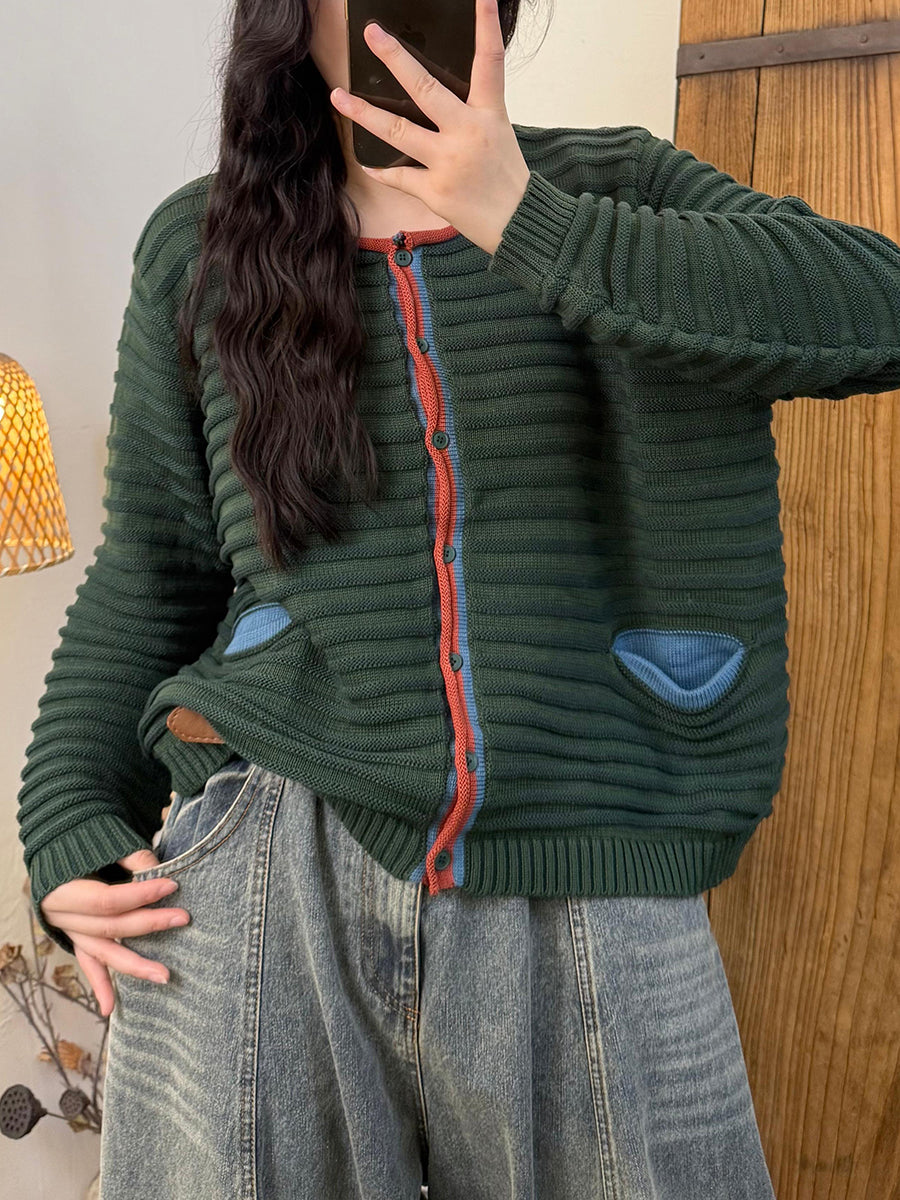 Women Autumn Retro O-Neck Colorblcok Sweater Coat