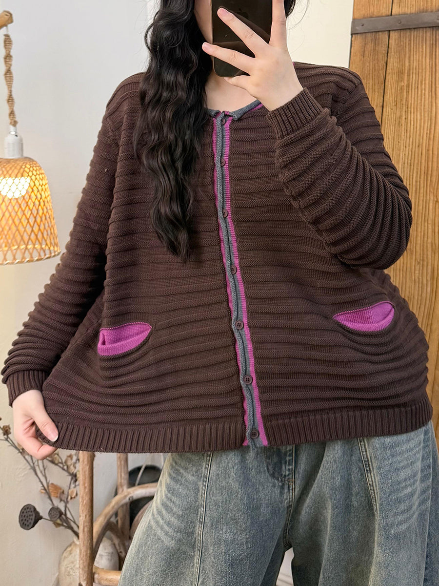 Women Autumn Retro O-Neck Colorblcok Sweater Coat